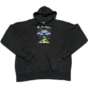 Rick and Morty Sweater Men Sz Small Black Hoodie Spaceship Dumping Pull‎ Over